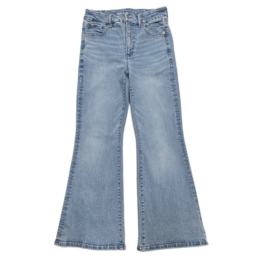 {AE American Eagle} "Super Hi-Rise Flare" Short Bootcut Stretch Denim Jeans